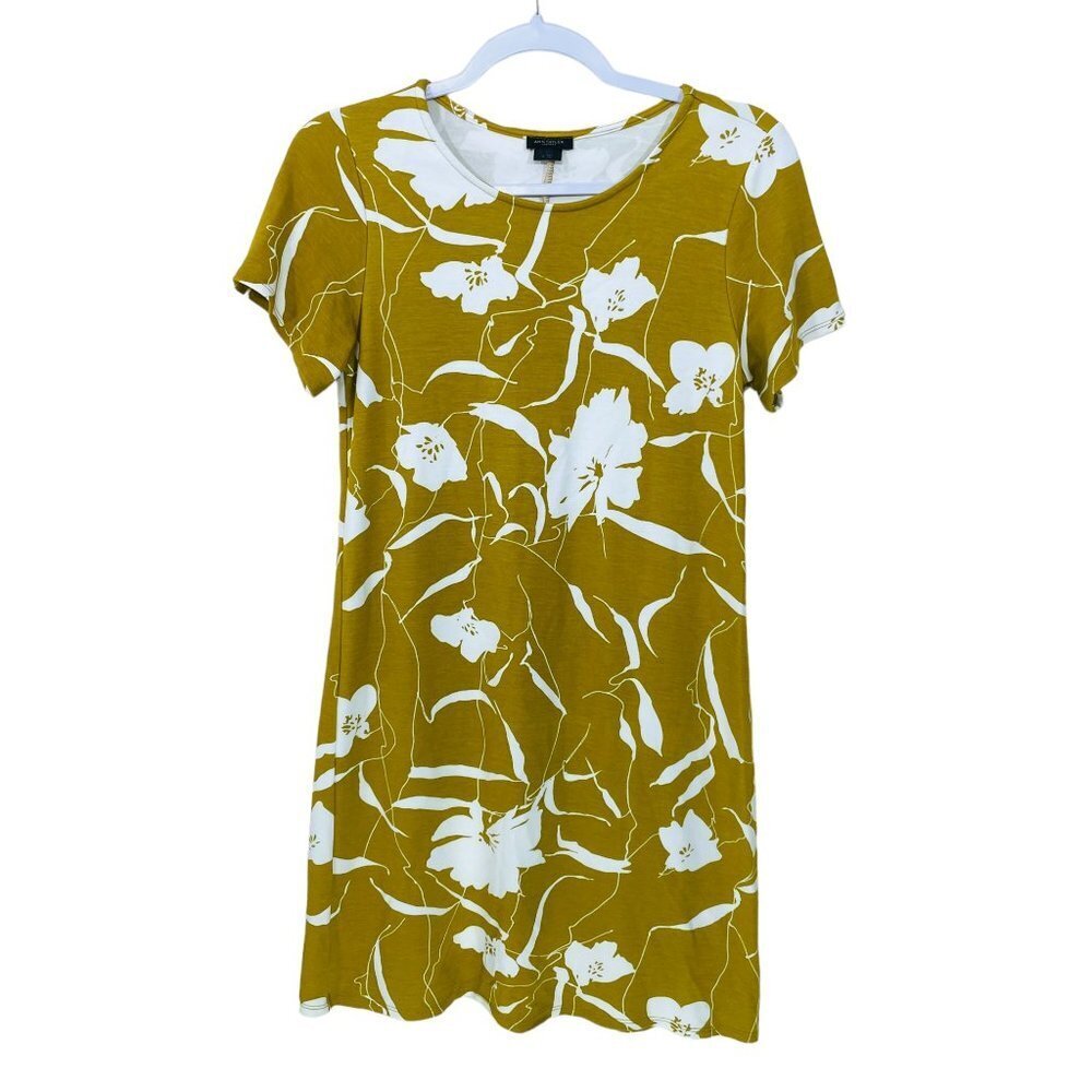 Ann Taylor Size S Floral Dress Mustard Short Sleeve Stretch Rayon Summer